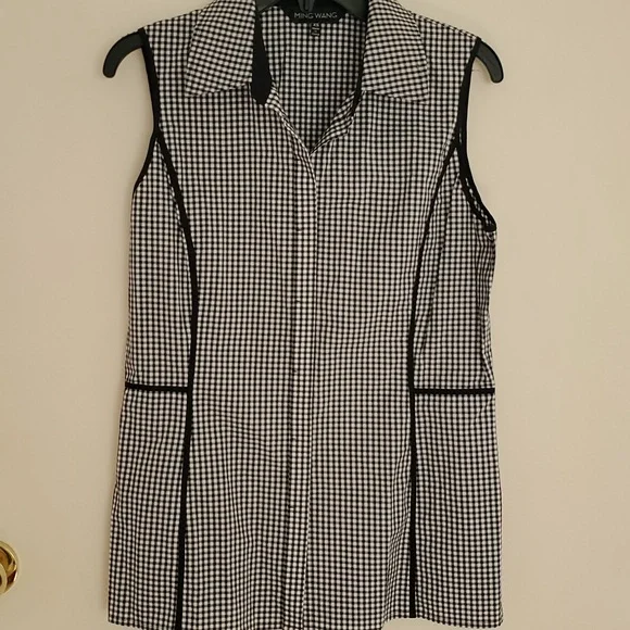 NWT Ming Wang Gingham Collared Sleeveless Button Down Blouse, Black & Wh…
